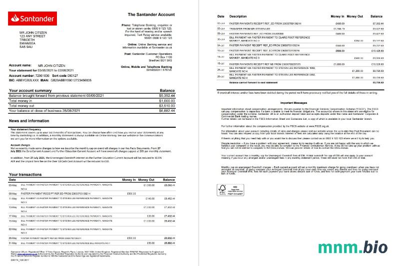 United Kingdom Santander Bank statement szablon Worda i PDF, 3 stronas, version 2
